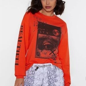 Nasty Gal Beautiful NYC Orange Black Graphic Print Long Sleeve Shirt size Small